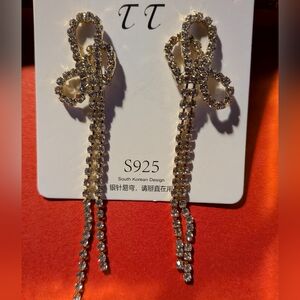 Long Dangle Bows Crystals Gold and Silver Earrings Dressy New